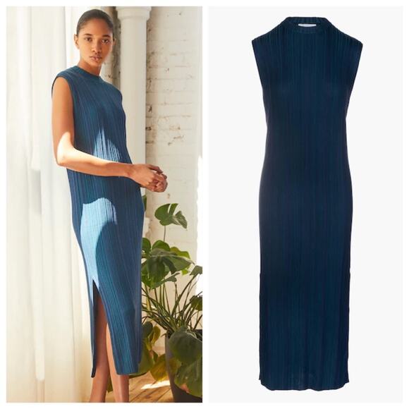 NEW Naadam Silk Cashmere Ribbed Maxi Dress (Sz XS) Blue Combo - Picture 1 of 14